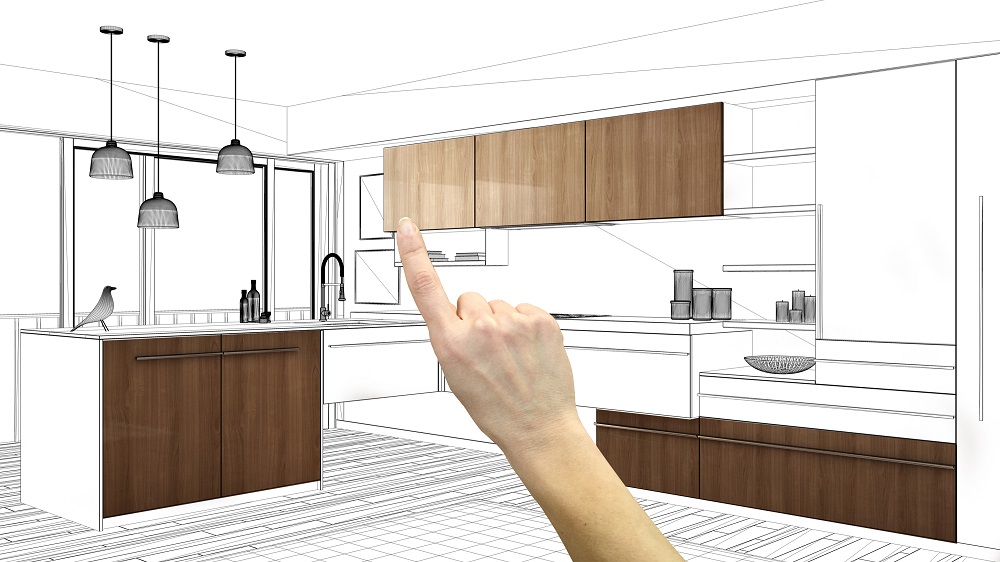 hand using an online product configurator to select cabinet finish in a virtual kitchen