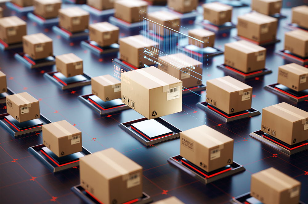 shipping software integration shows cartons in a high tech setting