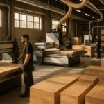"CNC machines cutting oak and maple for cabinets in a clean, well-lit woodworking facility."