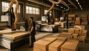 "CNC machines cutting oak and maple for cabinets in a clean, well-lit woodworking facility."