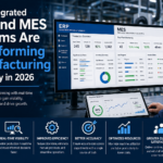 Integrated ERP and MES dashboard showing real-time shop floor production data and manufacturing performance metrics