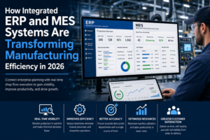 Integrated ERP and MES dashboard showing real-time shop floor production data and manufacturing performance metrics