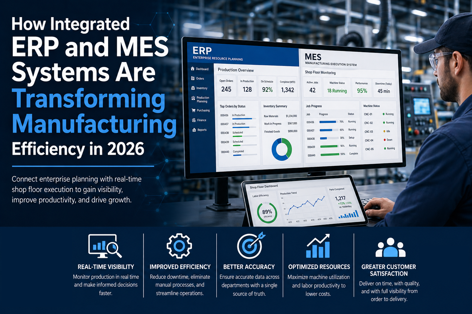 Integrated ERP and MES dashboard showing real-time shop floor production data and manufacturing performance metrics