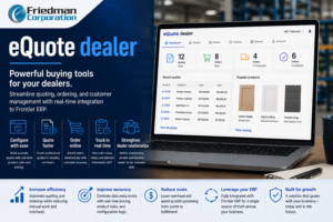 eQuote Dealer dashboard showing online product configuration, dealer quoting, and ERP-integrated order management