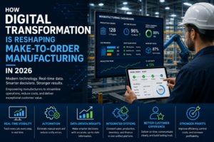 Digital manufacturing dashboard showing real-time production data, automation, and ERP integration for make-to-order operations