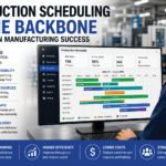 Production scheduling software dashboard displaying real-time work orders, production timelines, resource allocation, and shop floor scheduling for make-to-order manufacturers.