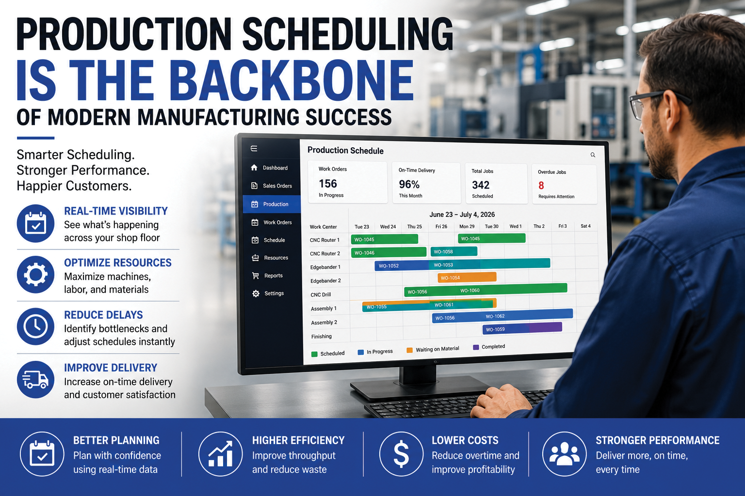Production scheduling software dashboard displaying real-time work orders, production timelines, resource allocation, and shop floor scheduling for make-to-order manufacturers.