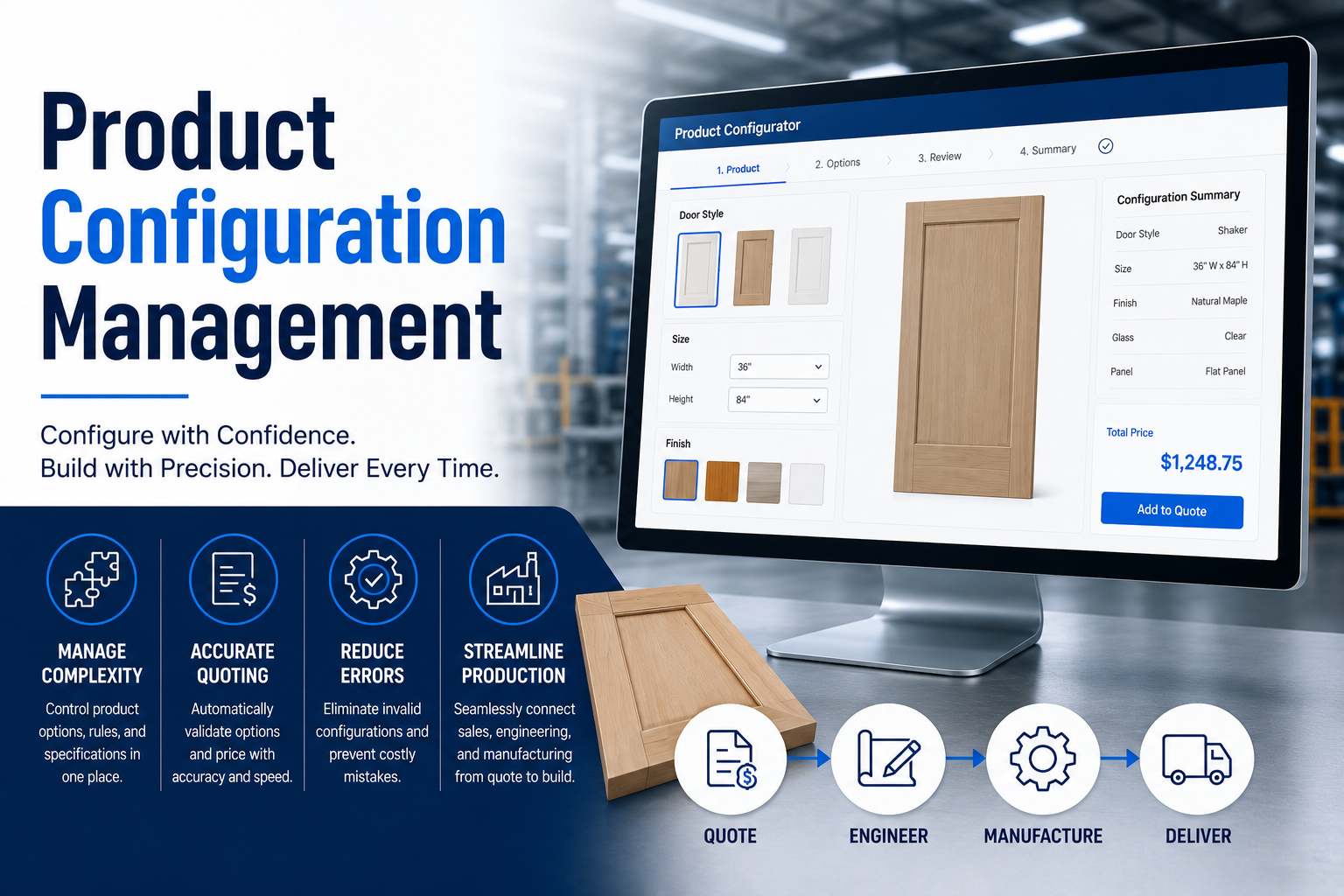 Product configuration management software dashboard displaying configurable product options, automated pricing, quote generation, and manufacturing workflow integration for make-to-order manufacturers.