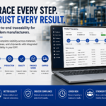 Manufacturing traceability dashboard showing end-to-end product tracking from raw materials through production, quality inspection, finished goods, and customer shipment using ERP software.