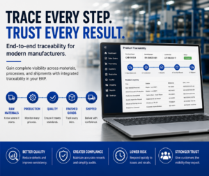 Manufacturing traceability dashboard showing end-to-end product tracking from raw materials through production, quality inspection, finished goods, and customer shipment using ERP software.