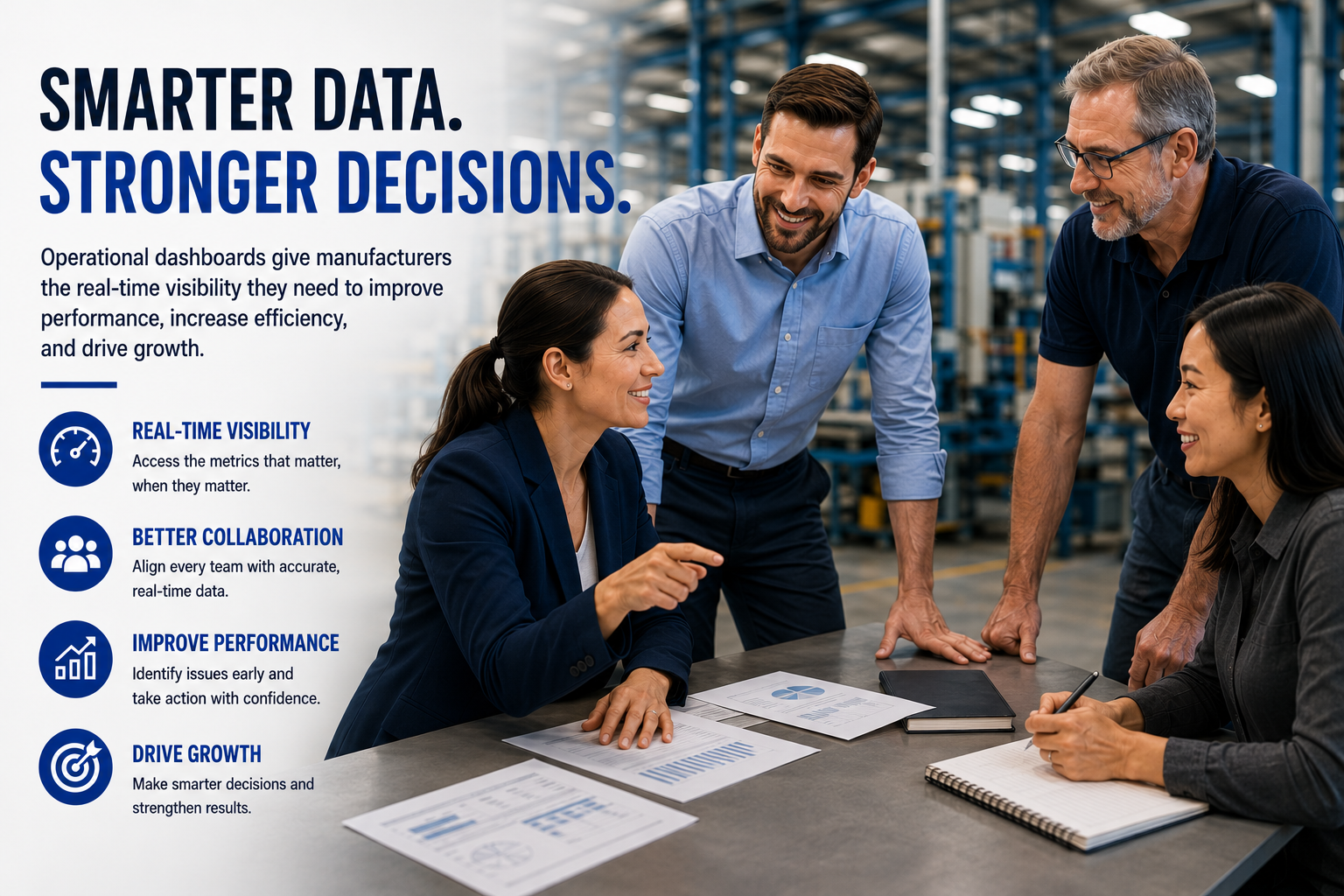Manufacturing dashboard displaying real-time production KPIs, inventory levels, financial metrics, and operational performance for make-to-order manufacturers.