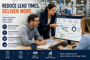 Manufacturing team collaborating around production reports and planning documents in an industrial environment, illustrating how real-time visibility, automated workflows, and ERP software help reduce manufacturing lead times.