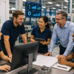 Happy manufacturing team collaborating on production planning in a modern factory, using real-time data and digital tools to improve workforce productivity and efficiency.