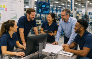 Happy manufacturing team collaborating on production planning in a modern factory, using real-time data and digital tools to improve workforce productivity and efficiency.