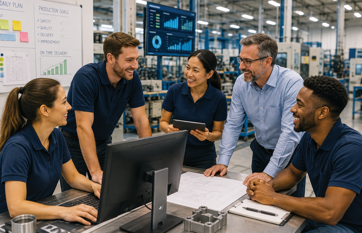 Happy manufacturing team collaborating on production planning in a modern factory, using real-time data and digital tools to improve workforce productivity and efficiency.