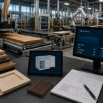 Modern woodworking manufacturing facility with CNC automation, production dashboards, cabinet design technology, wood samples, and a Frontier 5.0 branded mug.