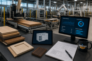 Modern woodworking manufacturing facility with CNC automation, production dashboards, cabinet design technology, wood samples, and a Frontier 5.0 branded mug.