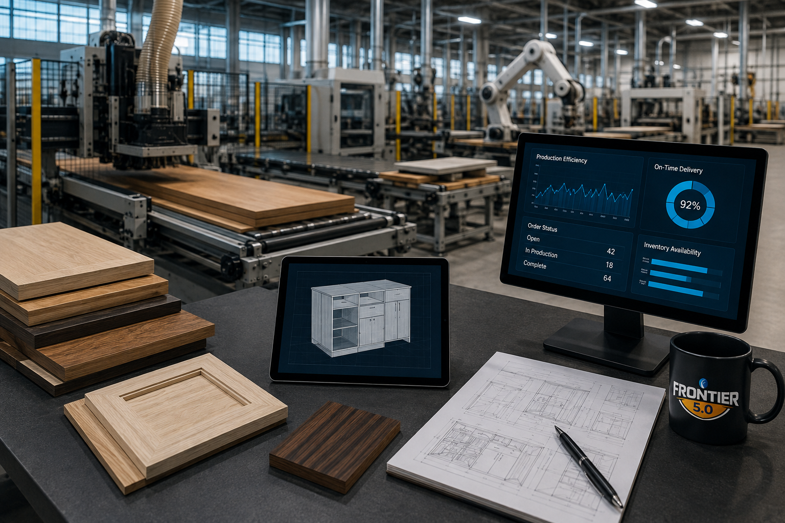 Modern woodworking manufacturing facility with CNC automation, production dashboards, cabinet design technology, wood samples, and a Frontier 5.0 branded mug.