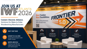 Friedman Corporation IWF 2026 trade show booth featuring Frontier 5.0 and solutions for make-to-order woodworking manufacturers.