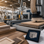 Modern woodworking manufacturing facility with CNC machinery, wood panels, cabinet design plans, and digital product modeling representing automation and connected manufacturing technology.