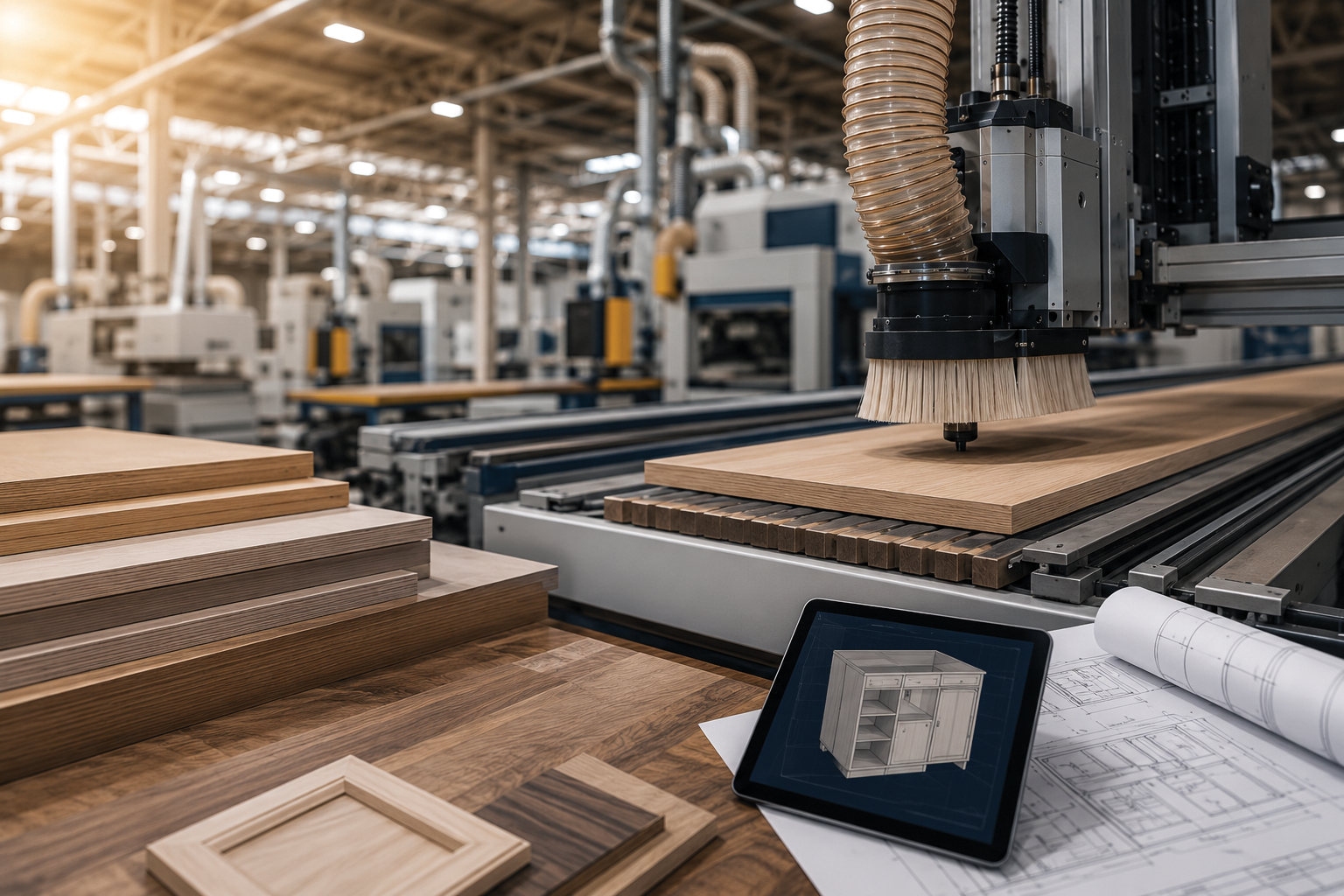 Modern woodworking manufacturing facility with CNC machinery, wood panels, cabinet design plans, and digital product modeling representing automation and connected manufacturing technology.