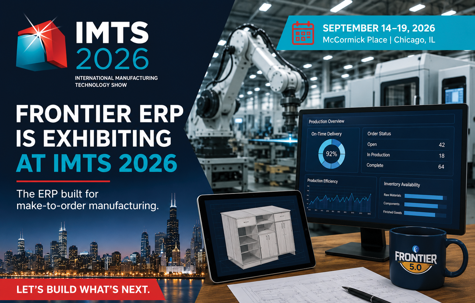 Frontier ERP at IMTS 2026 featuring manufacturing automation, production analytics, product configuration, and connected ERP technology at McCormick Place in Chicago.