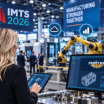 Blonde manufacturing professional exploring connected manufacturing technology, automation, production data, and Frontier 5.0 ERP at IMTS 2026.