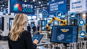 Blonde manufacturing professional exploring connected manufacturing technology, automation, production data, and Frontier 5.0 ERP at IMTS 2026.