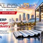 Metal building components and structural steel representing Frontier ERP solutions for make-to-order manufacturers exhibiting at Booth 1500 in Orlando.