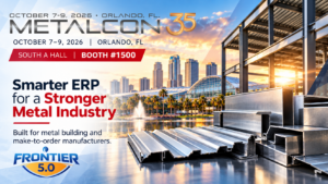 Metal building components and structural steel representing Frontier ERP solutions for make-to-order manufacturers exhibiting at Booth 1500 in Orlando.