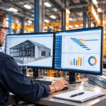 Manufacturing engineer reviewing a metal building design and production scheduling dashboard in a modern fabrication facility using connected ERP technology.