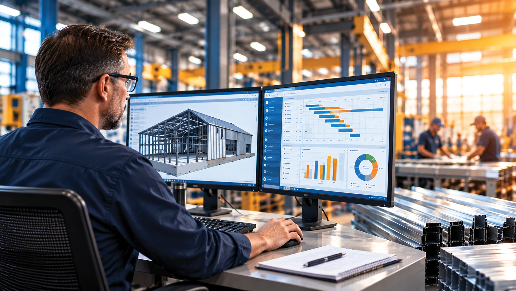 Manufacturing engineer reviewing a metal building design and production scheduling dashboard in a modern fabrication facility using connected ERP technology.