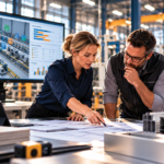 Manufacturing engineers reviewing production blueprints and a digital factory capacity planning dashboard to optimize scheduling, resource utilization, and manufacturing throughput.