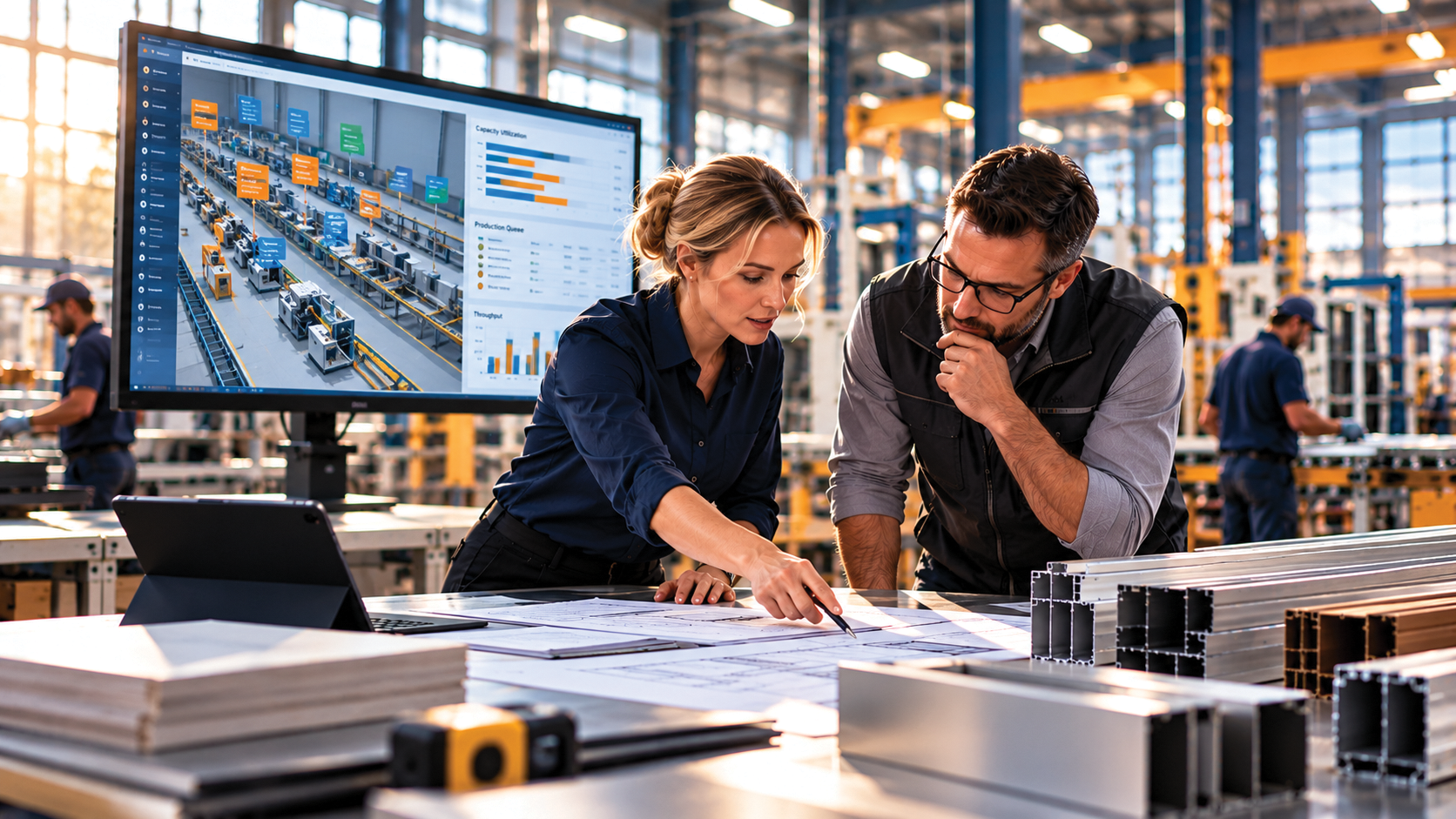 Manufacturing engineers reviewing production blueprints and a digital factory capacity planning dashboard to optimize scheduling, resource utilization, and manufacturing throughput.