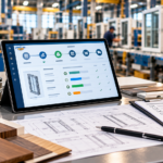 Manufacturing order management dashboard on a tablet displaying order processing workflows, production status, and fulfillment tracking in a modern window and door manufacturing facility.