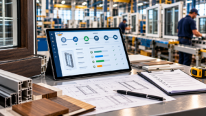 Manufacturing order management dashboard on a tablet displaying order processing workflows, production status, and fulfillment tracking in a modern window and door manufacturing facility.