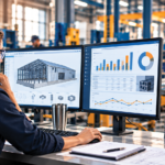 Female manufacturing engineer reviewing job costing, production analytics, and financial performance dashboards on dual monitors in a modern metal fabrication facility.
