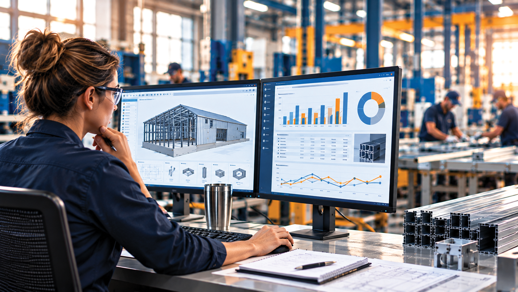 Female manufacturing engineer reviewing job costing, production analytics, and financial performance dashboards on dual monitors in a modern metal fabrication facility.